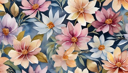 Wall Mural - seamless watercolor decorative flowers pattern generative background