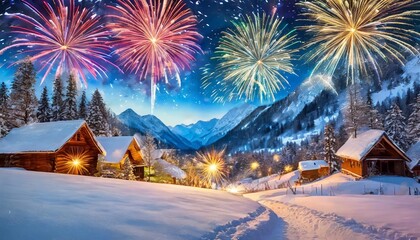 Poster - a winter landscape blanketed in snow with fireworks illuminating the pristine scenery creating a magical new year s eve feeling