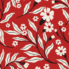 Seamless floral pattern, decorative flower print in retro folk motif. Graphic botanical surface design: hand drawn flowers branches, lush foliage abstract on red background. Vector illustration.