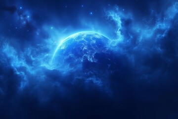 blue planet in the middle of a blue nebula