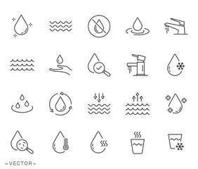 Water Line Icon Set, Drop Water Thin Linear Icon, Mineral Water, Low and High Tide, Shower, Glass Outline, water evaporation, Fountain, thin line symbol, Editable stroke eps 10 Vector illustration.