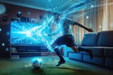 Fototapeta Sport - Streaming tv channel of soccer player who kicks the ball. Generative AI