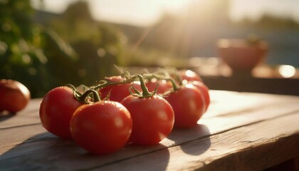 Wall Mural - Fresh red tomatoes on wooden table. Organic and tasty vegetable.