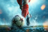 Fototapeta Sport - Soccer player ready to kick the soccerball in a field during a match. Generative AI
