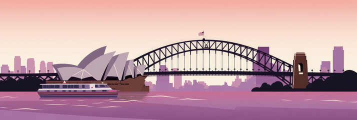 Poster - Sydney city panorama, urban landscape. Business travel and travelling of landmarks. Illustration, web background. Buildings silhouette. Australia