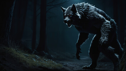 Wall Mural - werewolf in the dark with glowing eyes and a full moon