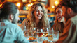 © lensofcolors - Group of smiling friends having dinner together sitting at a table full of wine glasses with bokeh lights in the background. Group of friends talking and celebrating together. Ai generated