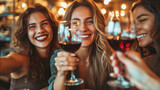 Fototapeta Uliczki - Group of young girls friends smiling and raising their wineglass to toast in the celebration of an anniversary about unfocused background of a bar with lights. Ai generated