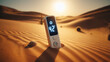 A digital thermometer displays a temperature of 42 degrees Celsius in a desert landscape.