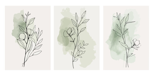 Minimal Hand-Drawn Line Art Flower Vector Illustrations with Watercolor Splash - Set of 3