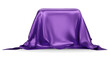 Podium covered with a piece of purple silk isolated on  background. Realistic box covered with purple cloth. Podium for product, cosmetic presentation. Creative mock up. 3d png illustration.