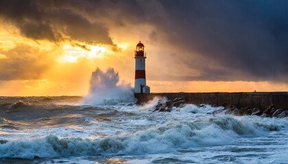 Wall Mural - lighthouse in the storm at sunset