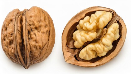 Wall Mural - walnut half isolate peeled walnut on white walnut nut top view set with clipping path full depth of field
