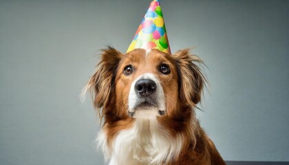 Wall Mural - dog wearing self made paper party hat