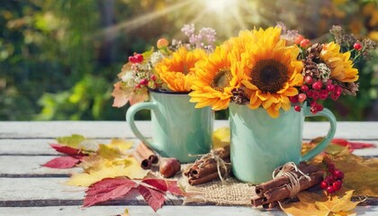 two cups and autumn decor with flowers sunny day