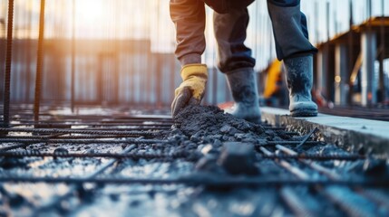 builder worker in safety protective equipment installing concrete floor slab panel at building const