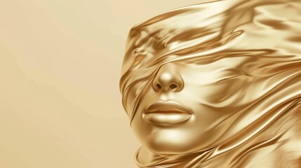 Wall Mural - Fashionable aesthetic woman face made of golden metal texture, silky cloth in motion, on beige background with free place for text. Banner for beauty, fashion, makeup or cosmetics product