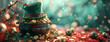 © Jameel - Pot with gold coins around a shamrock hat on a red background