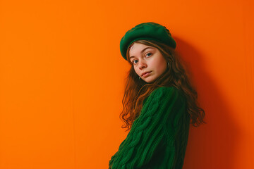 Young woman wearing green sweater and hat standing on orange background