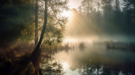 Wall Mural - AI generated illustration of sunrise over a tranquil lake surrounded by green trees