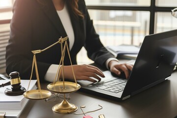 Happiness, laptop and typing professional woman, advocate or government attorney reading feedback review. Corporate research, law firm and business lawyer working on a project