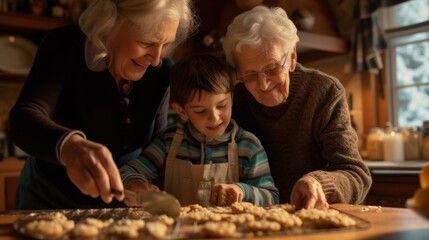 Poster - A woman and boy are making cookies together in the kitchen, AI