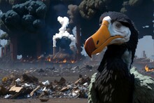 AI Generated Illustration Of A Dodo Bird Against Steaming Factory And Garbage Piles