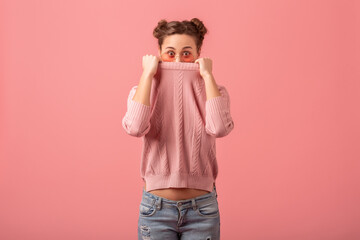 Wall Mural - young pretty cute woman in stylish outfit in pink sweater and sunglasses