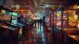 Fototapeta Przestrzenne - AI generated arcade with pinball and video game machines on the walls
