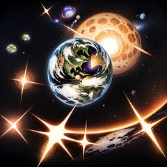 Wall Mural - AI generated illustration of a planet in the foreground with a ring of stars around it