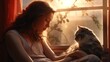 As sunlight streams through a window, a cat nestles against a young woman, both lost in a moment of tranquil companionship.