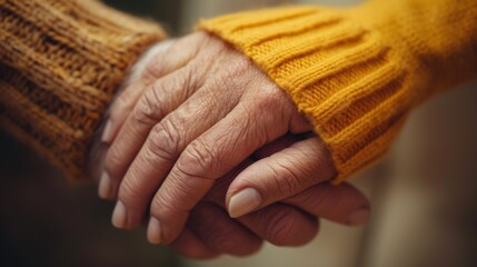 Canvas Print - Two hands holding each other with knitted sweaters on, AI