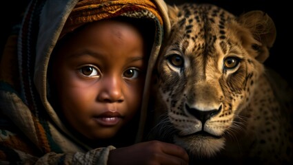 AI generated illustration of a young child with their face obscured by a hood next to a leopard