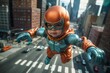 Adorable toddler in a cool superhero costume flying outdoors, AI generated