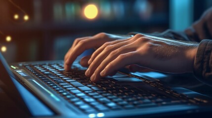 Wall Mural - ai generated illustration of a male working on a laptop computer, his hands on the keyboard