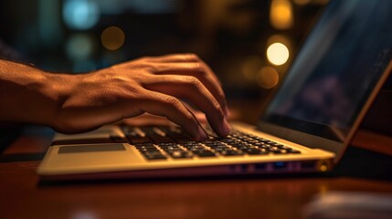 Wall Mural - ai generated illustration of a male working on a laptop computer, his hands on the keyboard