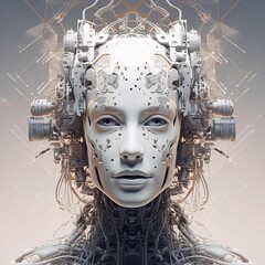 Wall Mural - AI generated illustration of a futuristic humanoid robot with various wires and cables