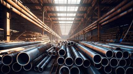 Stack of steel pipes in a warehouse.