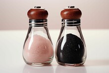 A Pair Of Salt Shakers With Pink Sand On Top