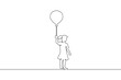 © derplan13 - Little girl with a balloon in her hand. Girl in a dress. Child with a balloon. One continuous line . Line art. Minimal single line.White background. One line drawing.