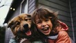 AI generated illustration of a young child embraces a furry canine companion