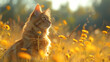 cat in the field during sunset