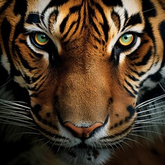 Wall Mural - AI generated illustration of A close-up shot of a tiger's face with a dark background