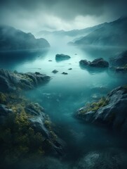  AI generated illustration of a tranquil lake surrounded by rocks on a foggy day