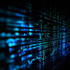 Code text protruding from the side, black background, neon cyan. generative ai