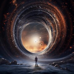Wall Mural - galaxy with planets where there is a man standing in the middle