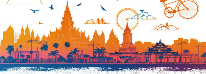 Canvas Print - Cambodia Famous Landmarks Skyline Silhouette Style, Colorful, Cityscape, Travel and Tourist Attraction