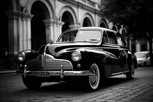 Monochrome AI-generated Illustration Of A Black Vintage Car Parked On The Road