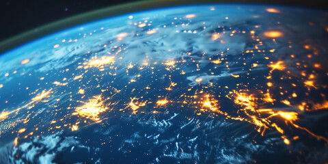 Wall Mural - big city lights view from space. planet earth globe with night realistic world map. communication co