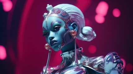 Wall Mural - AI generated illustration of a robotic toy doll against a vibrant pink background
